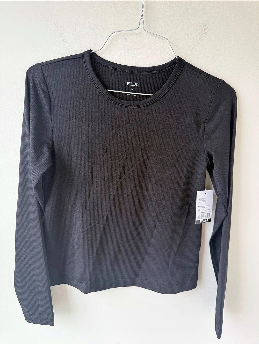 FLX Balance Ribbed Crewneck Tee Long Sleeve Top Black Large